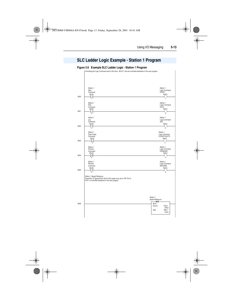 Slc ladder logic example - station 1 program, Figure 5.6, Using i/o messaging 5-13 | Rockwell Automation 20-COMM-P Profibus Adapter User Manual | Page 63 / 117