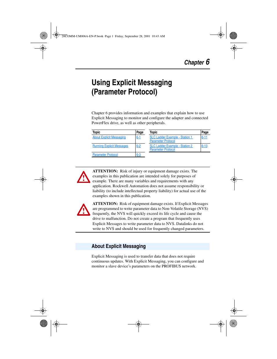 Chapter 6, About explicit messaging, Using explicit messaging | About explicit messaging -1, Using explicit messaging (parameter protocol), 6using explicit messaging (parameter protocol), Chapter | Rockwell Automation 20-COMM-P Profibus Adapter User Manual | Page 71 / 117