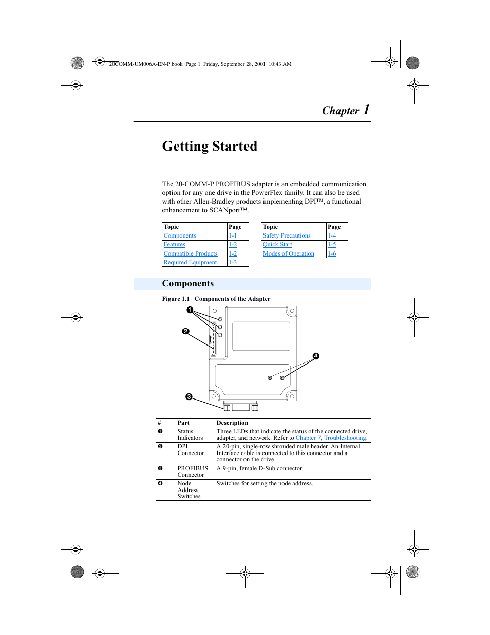 Chapter 1, Components, 1getting started | Chapter | Rockwell Automation 20-COMM-P Profibus Adapter User Manual | Page 9 / 117