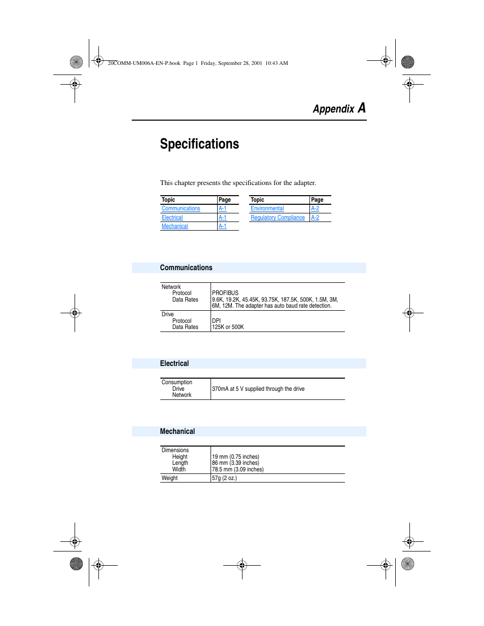 Appendix a, Communications, Electrical | Mechanical, Appendix a specifications, Aspecifications, Appendix | Rockwell Automation 20-COMM-P Profibus Adapter User Manual | Page 95 / 117