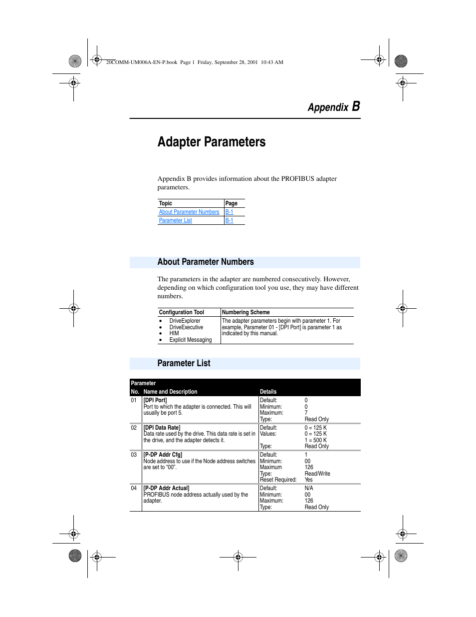 Appendix b, Adapter parameters, About parameter numbers | Parameter list, Appendix b adapter parameters, Adapter, Parameters, Badapter parameters, Appendix | Rockwell Automation 20-COMM-P Profibus Adapter User Manual | Page 97 / 117