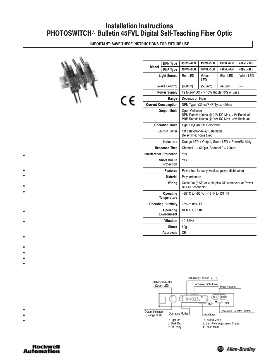 Rockwell Automation 45FVL Digital Self-Teaching Fiber Optic User Manual | 4 pages