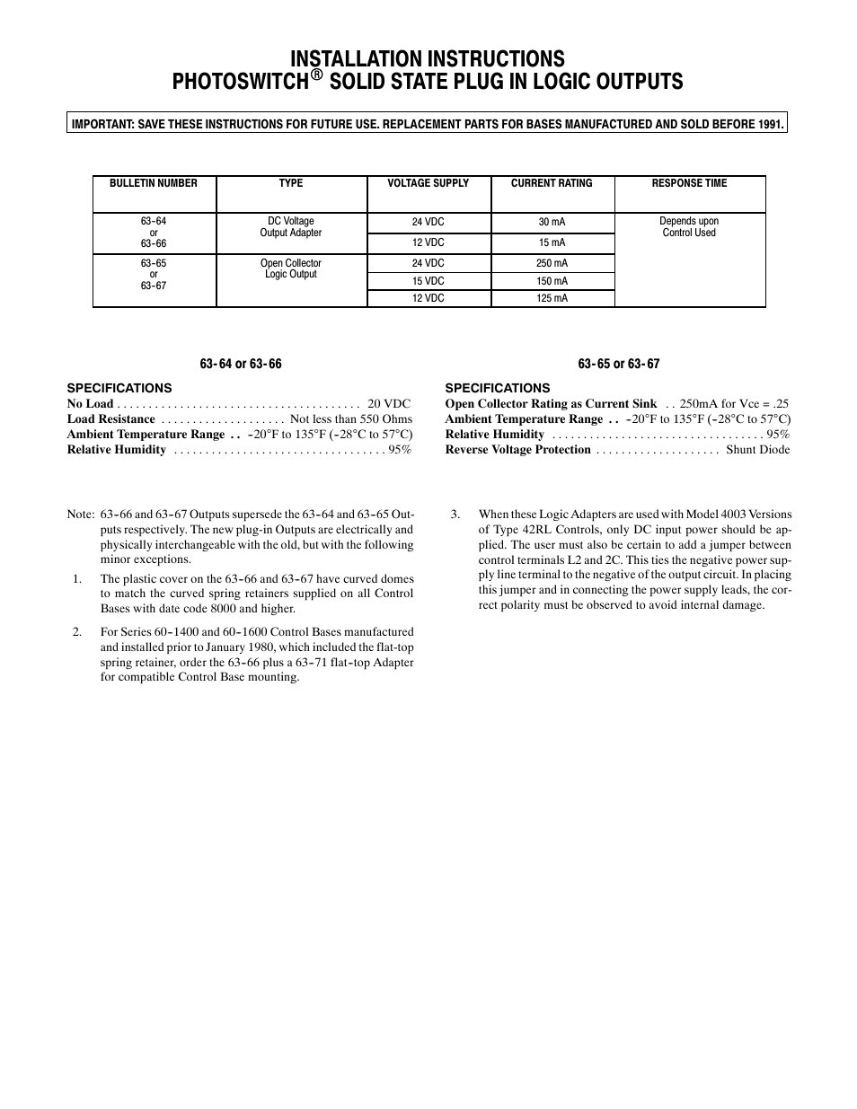 Rockwell Automation 63-xx PHOTOSWITCH Solid State Plug-In Logic Outputs User Manual | 2 pages