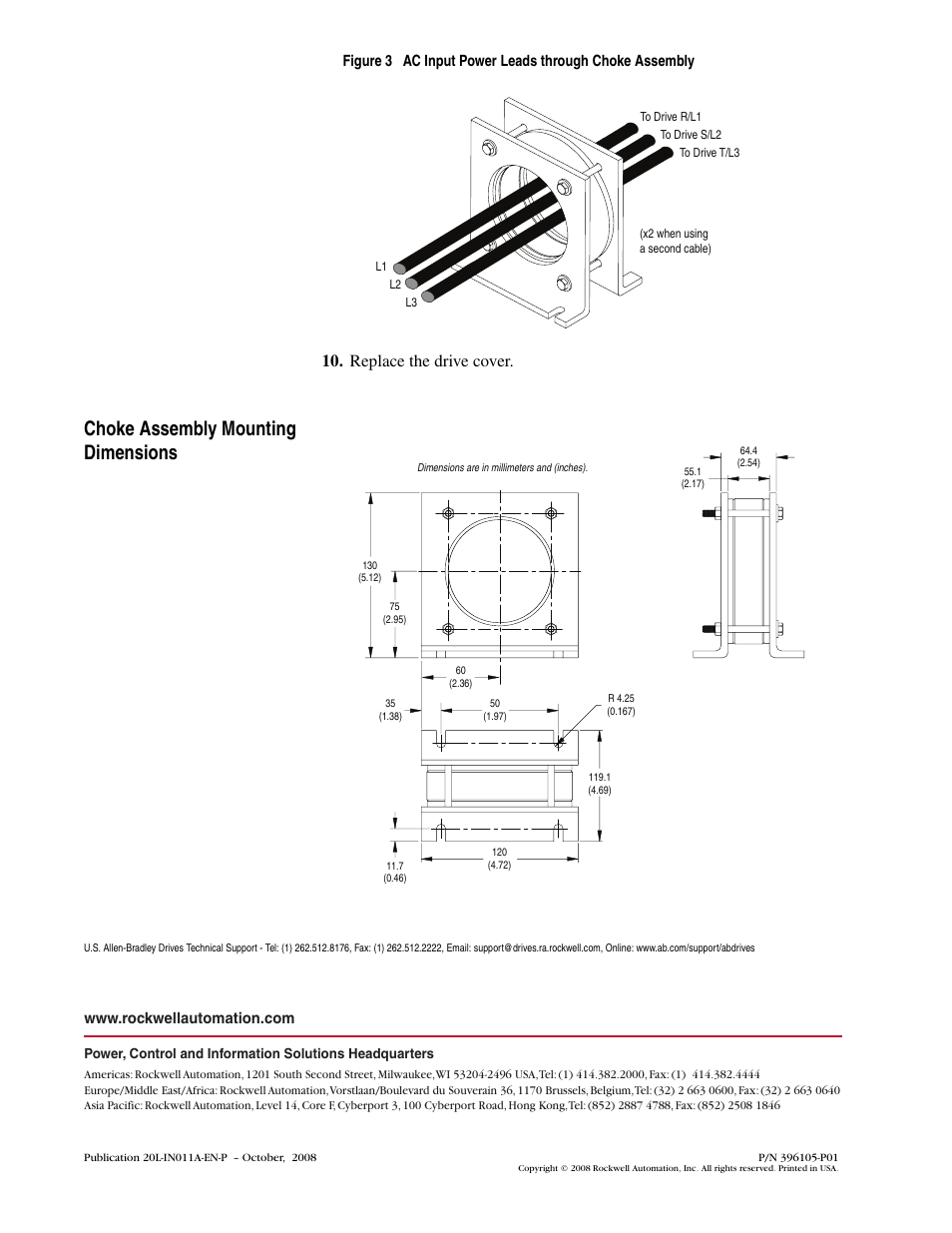 Choke assembly mounting dimensions | Rockwell Automation 20L PowerFlex 700L Frame 2 Common Mode Choke Kit (SK-L1-CHK2-F2) User Manual | Page 4 / 4