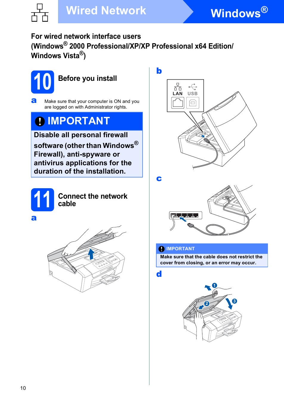 10 before you install, 11 connect the network cable, Windows | Wired network, Important | Brother DCP-373CW User Manual | Page 10 / 28