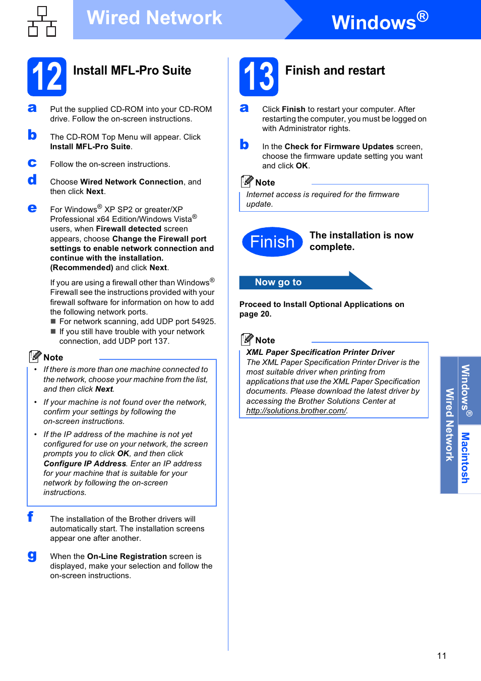 12 install mfl-pro suite, 13 finish and restart, Windows | Wired network, Finish, Install mfl-pro suite, Finish and restart | Brother DCP-373CW User Manual | Page 11 / 28