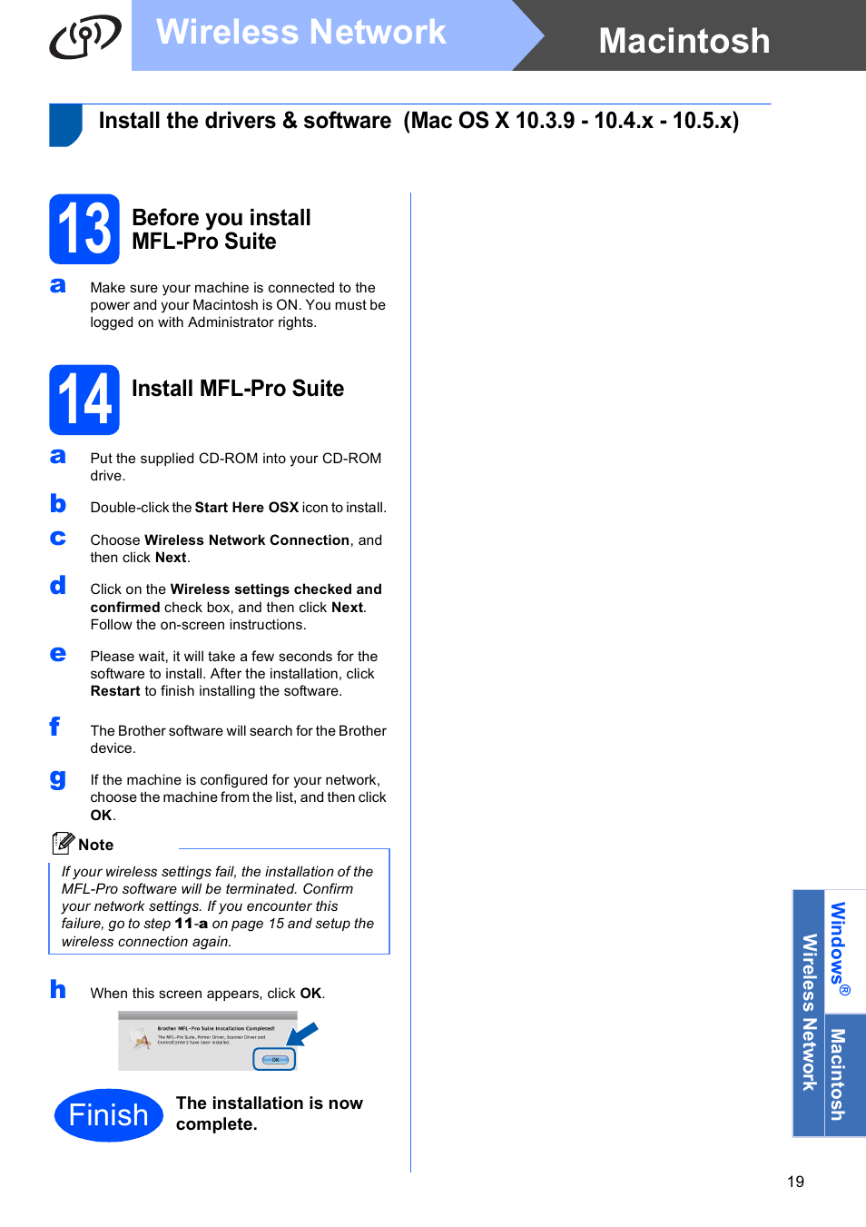13 before you install mfl-pro suite, 14 install mfl-pro suite, Macintosh wireless network | Finish | Brother DCP-373CW User Manual | Page 19 / 28