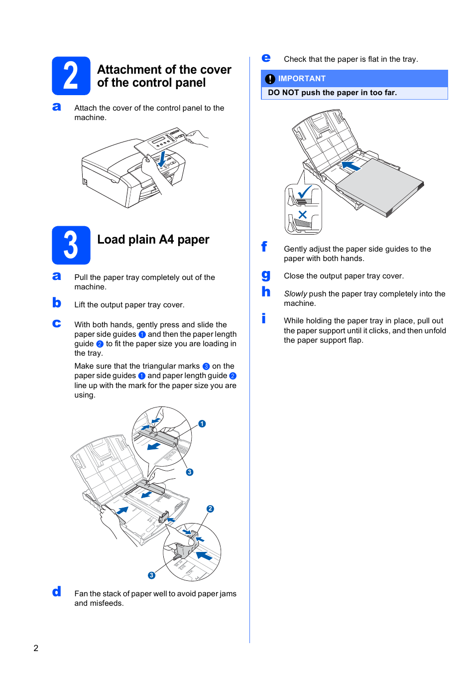 2 attachment of the cover of the control panel, 3 load plain a4 paper, Attachment of the cover of the control panel | Load plain a4 paper | Brother DCP-373CW User Manual | Page 2 / 28