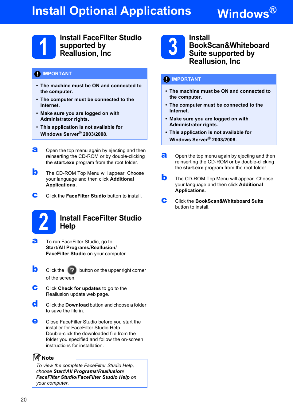 Install optional applications windows, 2 install facefilter studio help, Windows | Install optional applications | Brother DCP-373CW User Manual | Page 20 / 28