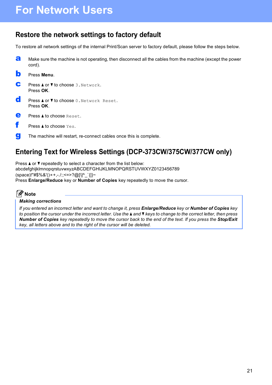 For network users, Restore the network settings to factory default | Brother DCP-373CW User Manual | Page 21 / 28