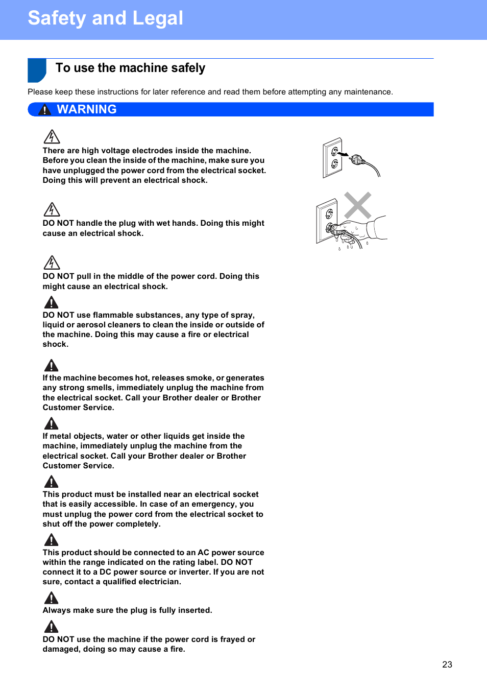 To use the machine safely, Safety and legal, Warning | Brother DCP-373CW User Manual | Page 23 / 28