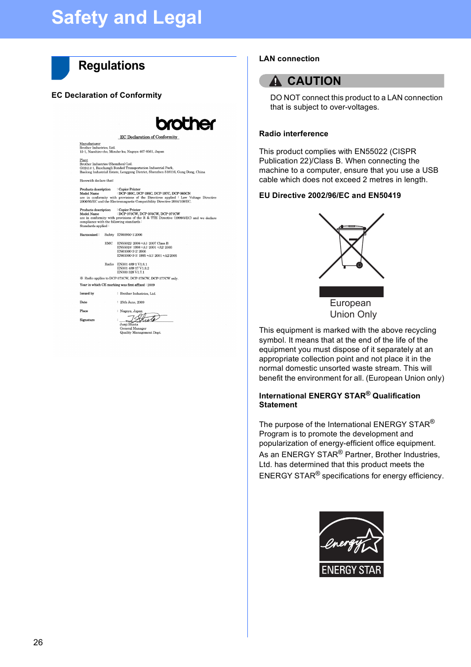 Regulations, Ec declaration of conformity, Lan connection | Radio interference, Eu directive 2002/96/ec and en50419, International energy star® qualification statement, Safety and legal, Caution | Brother DCP-373CW User Manual | Page 26 / 28