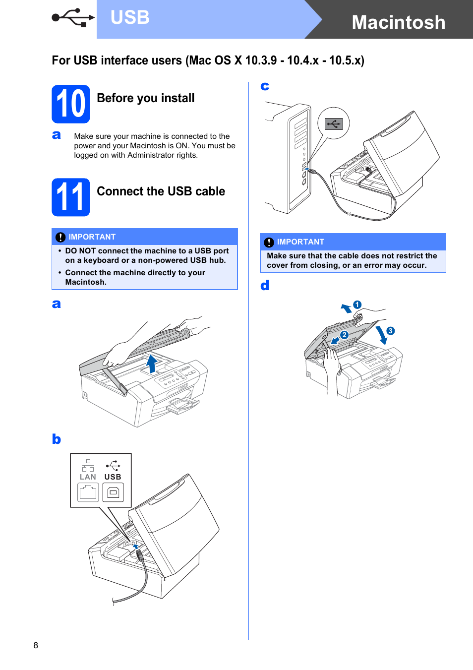 10 before you install, 11 connect the usb cable, Macintosh usb | Brother DCP-373CW User Manual | Page 8 / 28