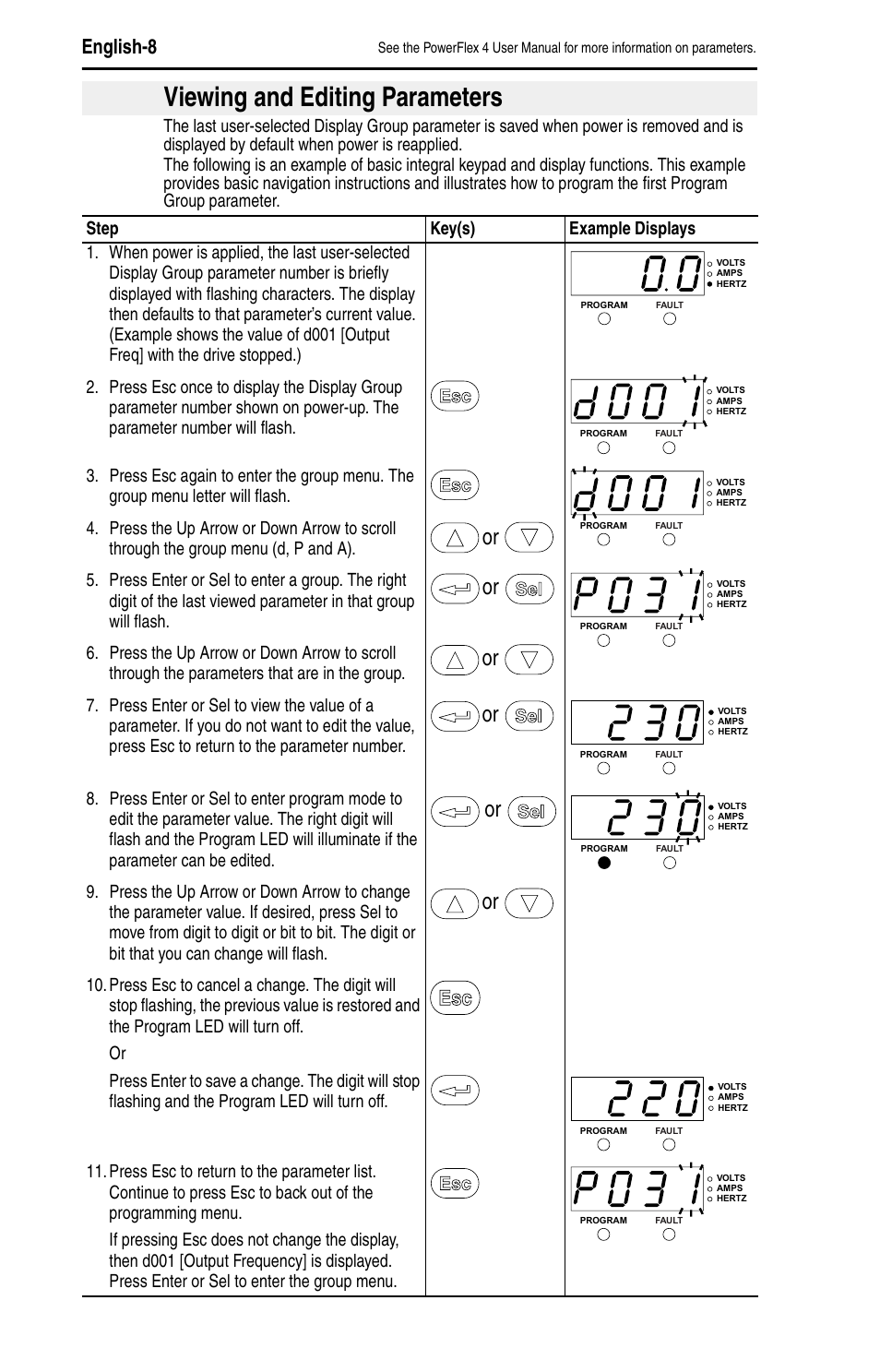 Viewing and editing parameters, English-8 | Rockwell Automation 22A PowerFlex 4 Quick Start FRN 6.xx User Manual | Page 10 / 88