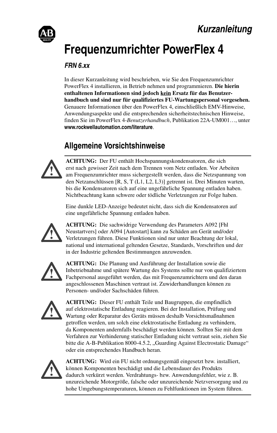 Frequenzumrichter powerflex 4, Kurzanleitung | Rockwell Automation 22A PowerFlex 4 Quick Start FRN 6.xx User Manual | Page 15 / 88