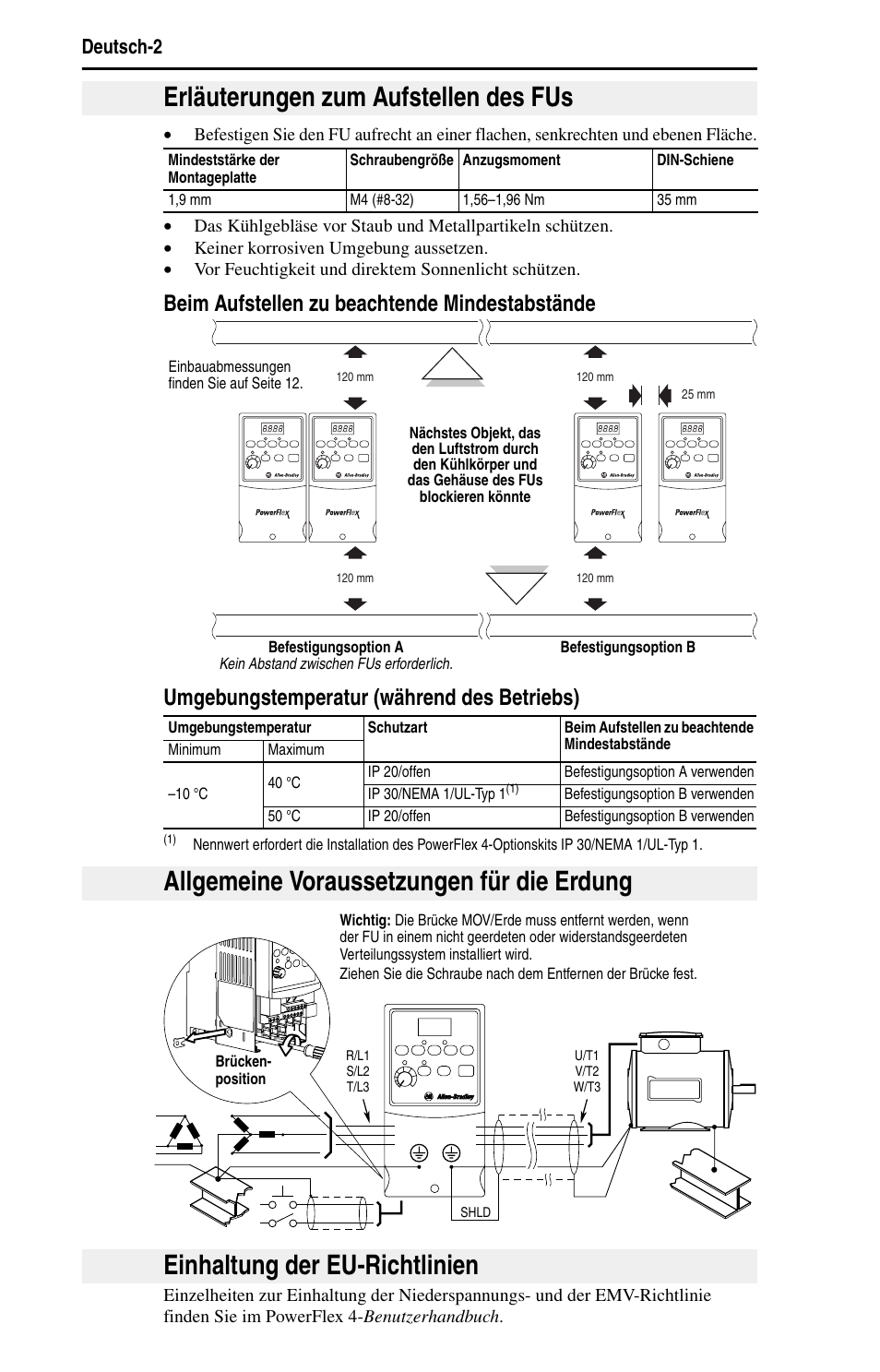 Erläuterungen zum aufstellen des fus, Allgemeine voraussetzungen für die erdung, Einhaltung der eu-richtlinien | Deutsch-2 | Rockwell Automation 22A PowerFlex 4 Quick Start FRN 6.xx User Manual | Page 16 / 88