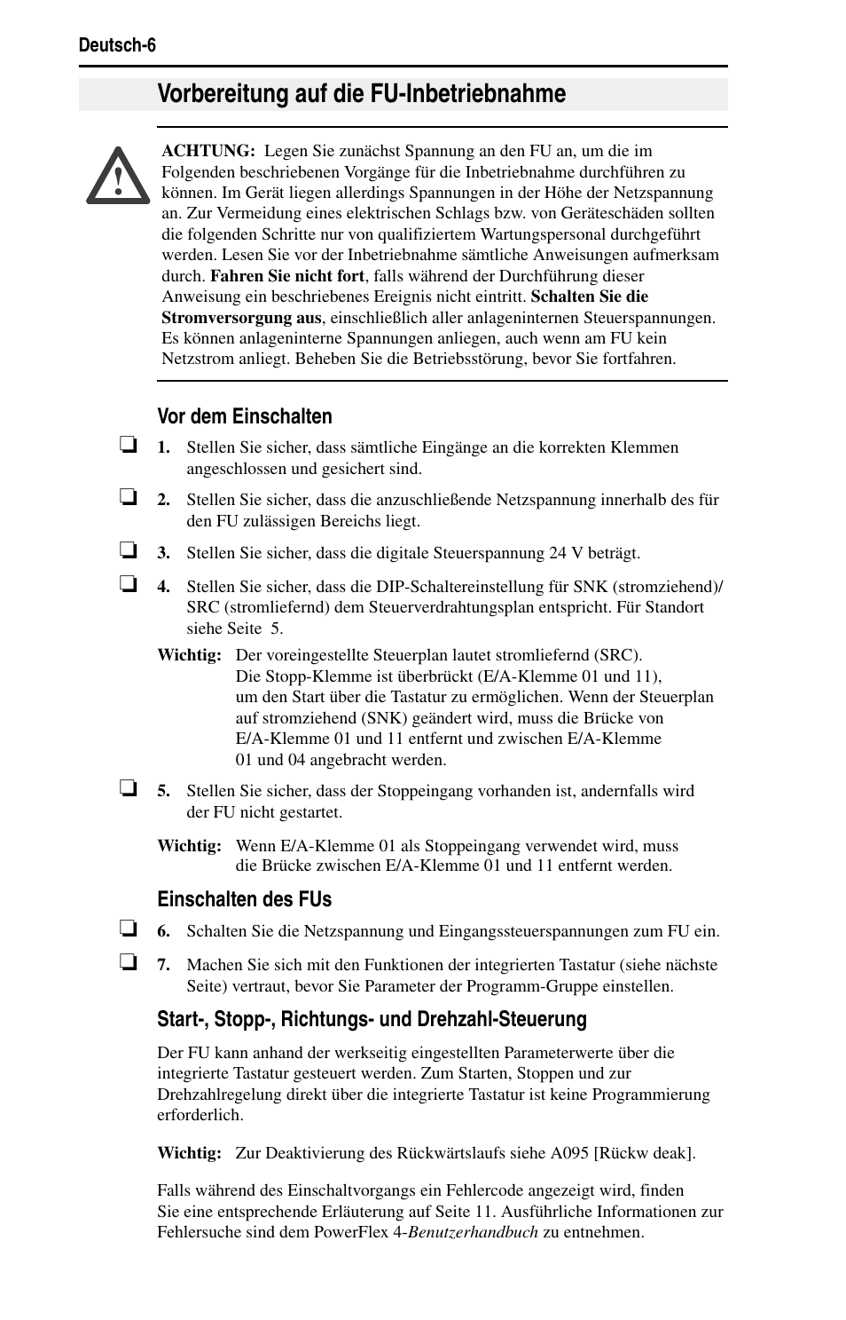 Vorbereitung auf die fu-inbetriebnahme | Rockwell Automation 22A PowerFlex 4 Quick Start FRN 6.xx User Manual | Page 20 / 88