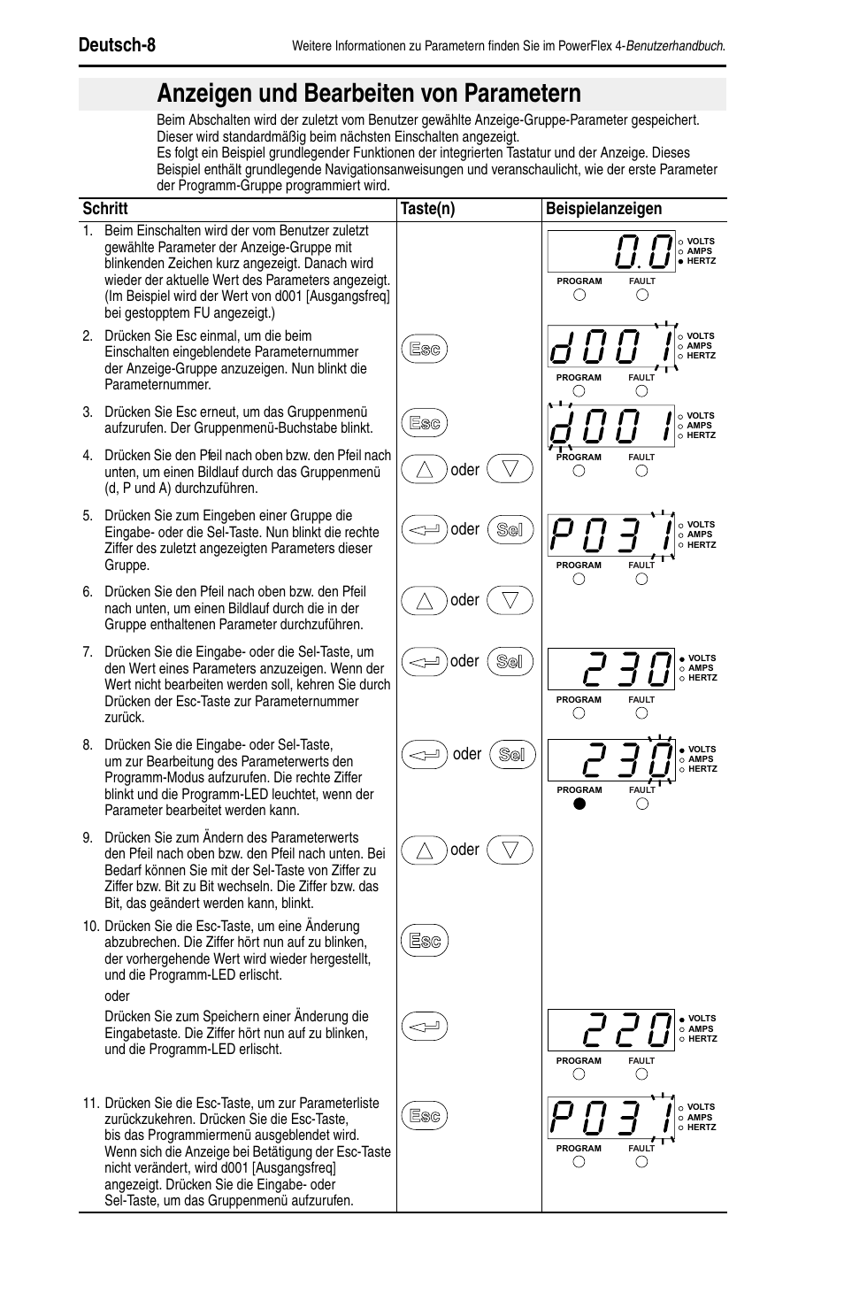 Anzeigen und bearbeiten von parametern, Deutsch-8, Schritt taste(n) beispielanzeigen | Oder | Rockwell Automation 22A PowerFlex 4 Quick Start FRN 6.xx User Manual | Page 22 / 88