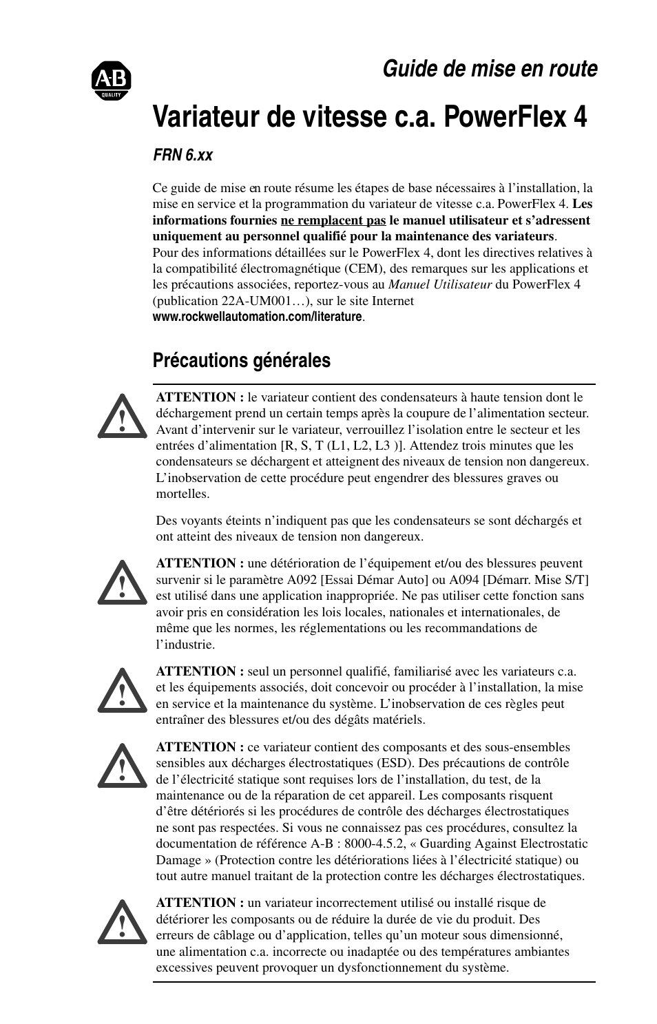 Variateur de vitesse c.a. powerflex 4, Guide de mise en route | Rockwell Automation 22A PowerFlex 4 Quick Start FRN 6.xx User Manual | Page 27 / 88