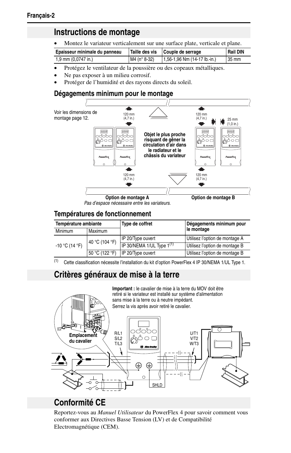 Instructions de montage, Critères généraux de mise à la terre, Conformité ce | Français-2 | Rockwell Automation 22A PowerFlex 4 Quick Start FRN 6.xx User Manual | Page 28 / 88