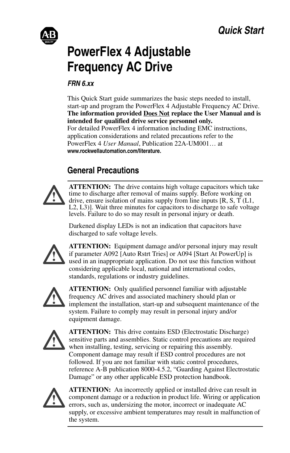 Powerflex 4 adjustable frequency ac drive, Quick start | Rockwell Automation 22A PowerFlex 4 Quick Start FRN 6.xx User Manual | Page 3 / 88