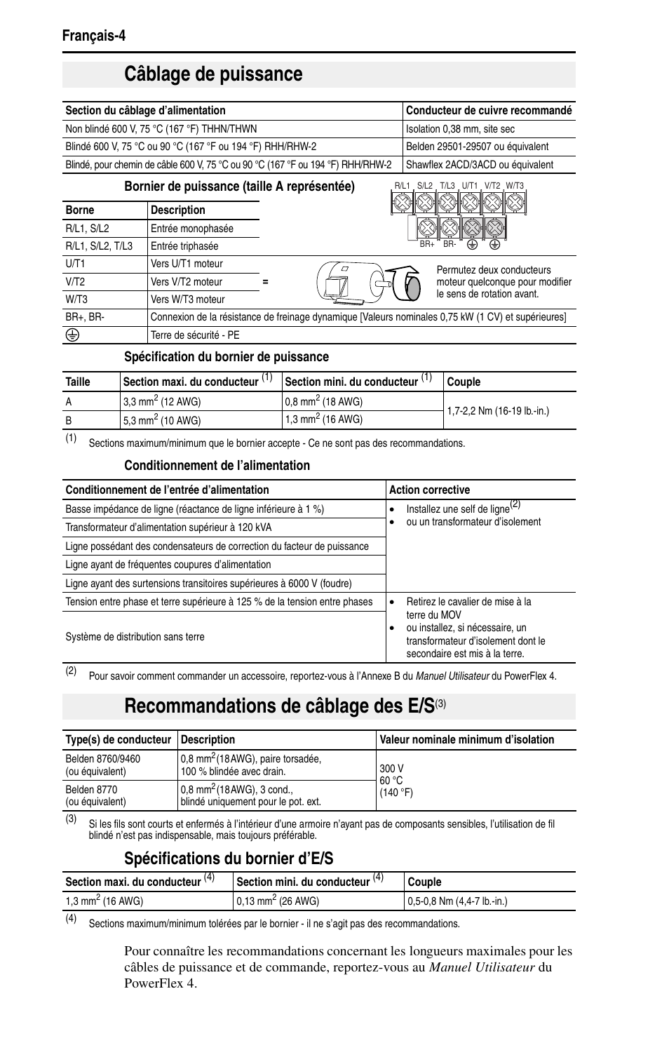 Câblage de puissance, Recommandations de câblage des e/s, Spécifications du bornier d’e/s | Français-4 | Rockwell Automation 22A PowerFlex 4 Quick Start FRN 6.xx User Manual | Page 30 / 88