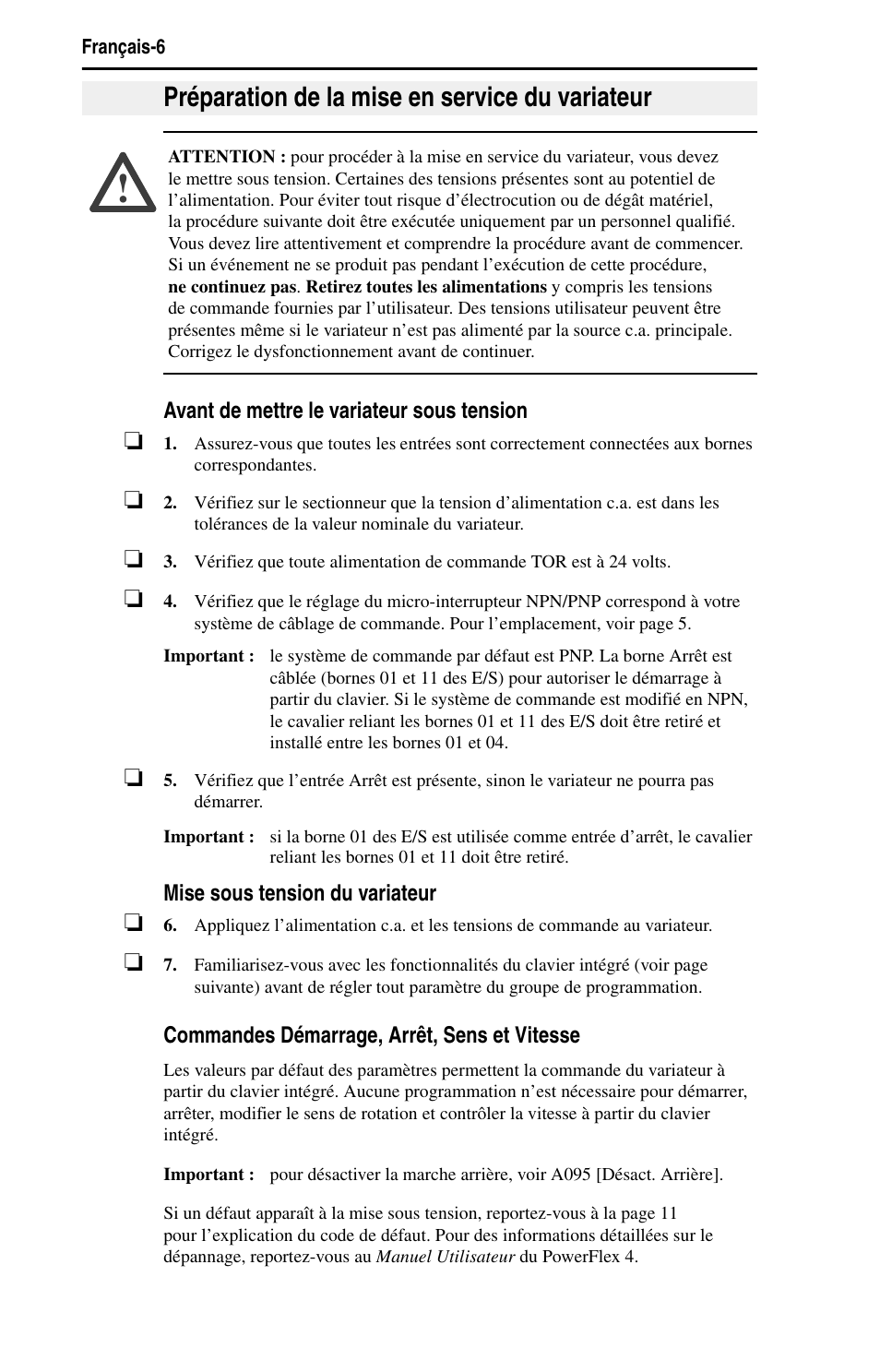 Préparation de la mise en service du variateur | Rockwell Automation 22A PowerFlex 4 Quick Start FRN 6.xx User Manual | Page 32 / 88