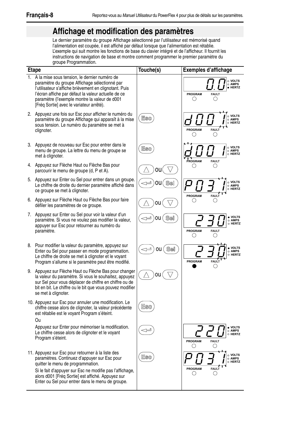 Affichage et modification des paramètres, Français-8, Etape touche(s) exemples d’affichage | Rockwell Automation 22A PowerFlex 4 Quick Start FRN 6.xx User Manual | Page 34 / 88