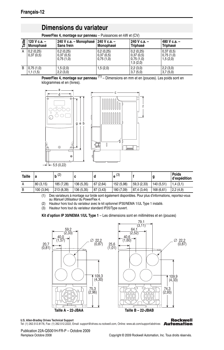 Dimensions du variateur, Français-12 | Rockwell Automation 22A PowerFlex 4 Quick Start FRN 6.xx User Manual | Page 38 / 88