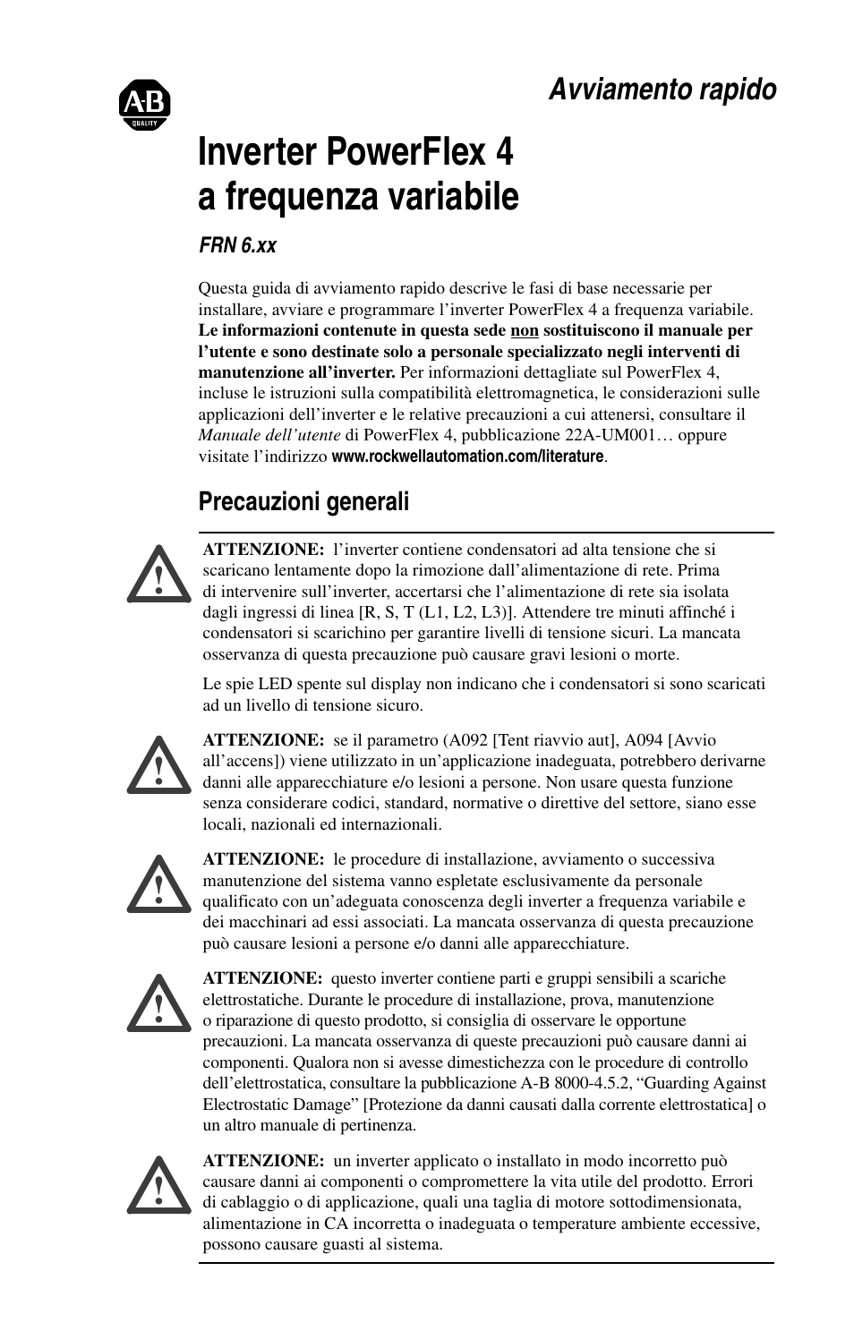 Inverter powerflex 4 a frequenza variabile, Avviamento rapido | Rockwell Automation 22A PowerFlex 4 Quick Start FRN 6.xx User Manual | Page 39 / 88