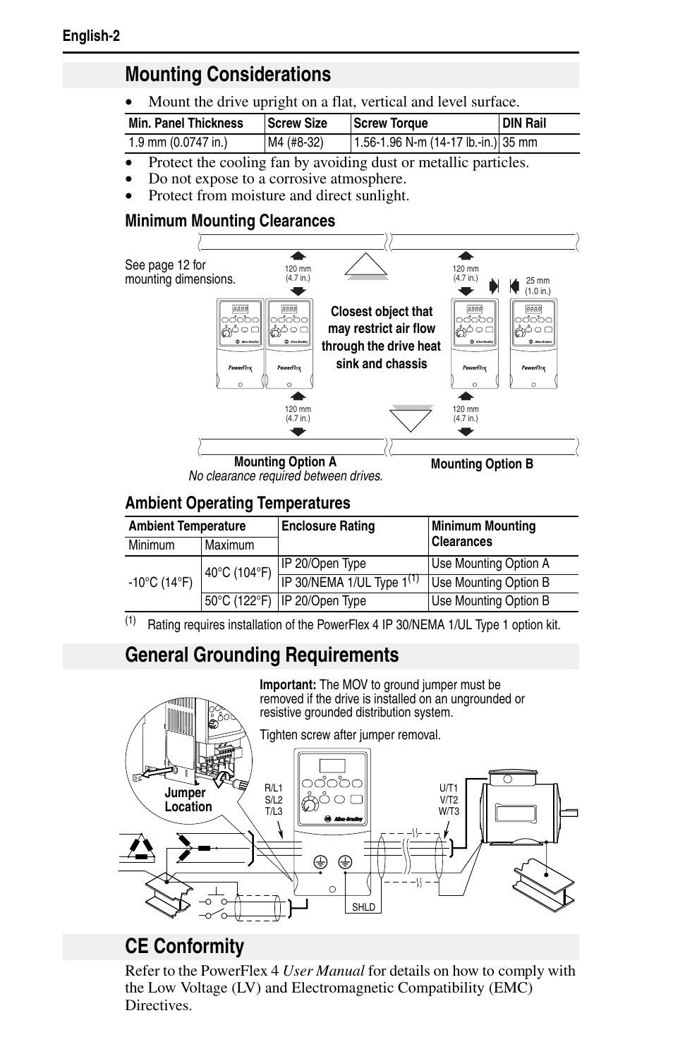 Mounting considerations, General grounding requirements, Ce conformity | Rockwell Automation 22A PowerFlex 4 Quick Start FRN 6.xx User Manual | Page 4 / 88