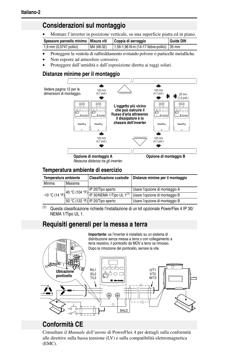Considerazioni sul montaggio, Requisiti generali per la messa a terra, Conformità ce | Italiano-2 | Rockwell Automation 22A PowerFlex 4 Quick Start FRN 6.xx User Manual | Page 40 / 88