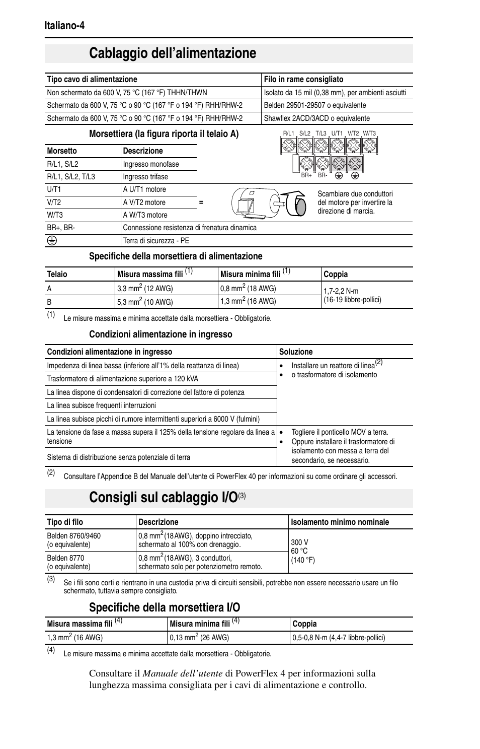 Cablaggio dell’alimentazione, Consigli sul cablaggio i/o, Specifiche della morsettiera i/o | Italiano-4 | Rockwell Automation 22A PowerFlex 4 Quick Start FRN 6.xx User Manual | Page 42 / 88