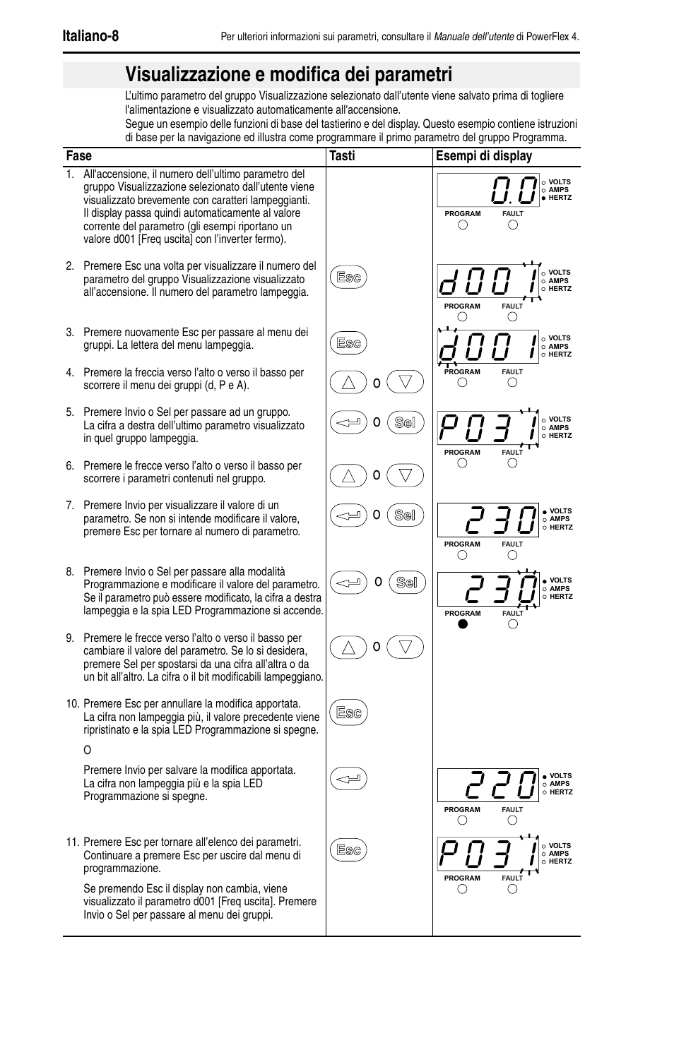 Visualizzazione e modifica dei parametri, Italiano-8, Fase tasti esempi di display | Rockwell Automation 22A PowerFlex 4 Quick Start FRN 6.xx User Manual | Page 46 / 88