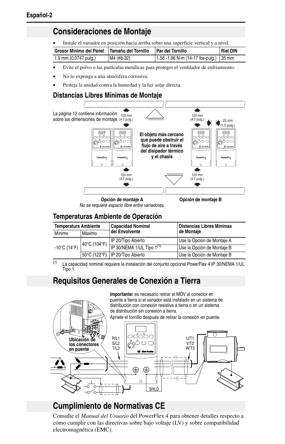 Consideraciones de montaje, Requisitos generales de conexión a tierra, Cumplimiento de normativas ce | Español-2 | Rockwell Automation 22A PowerFlex 4 Quick Start FRN 6.xx User Manual | Page 52 / 88