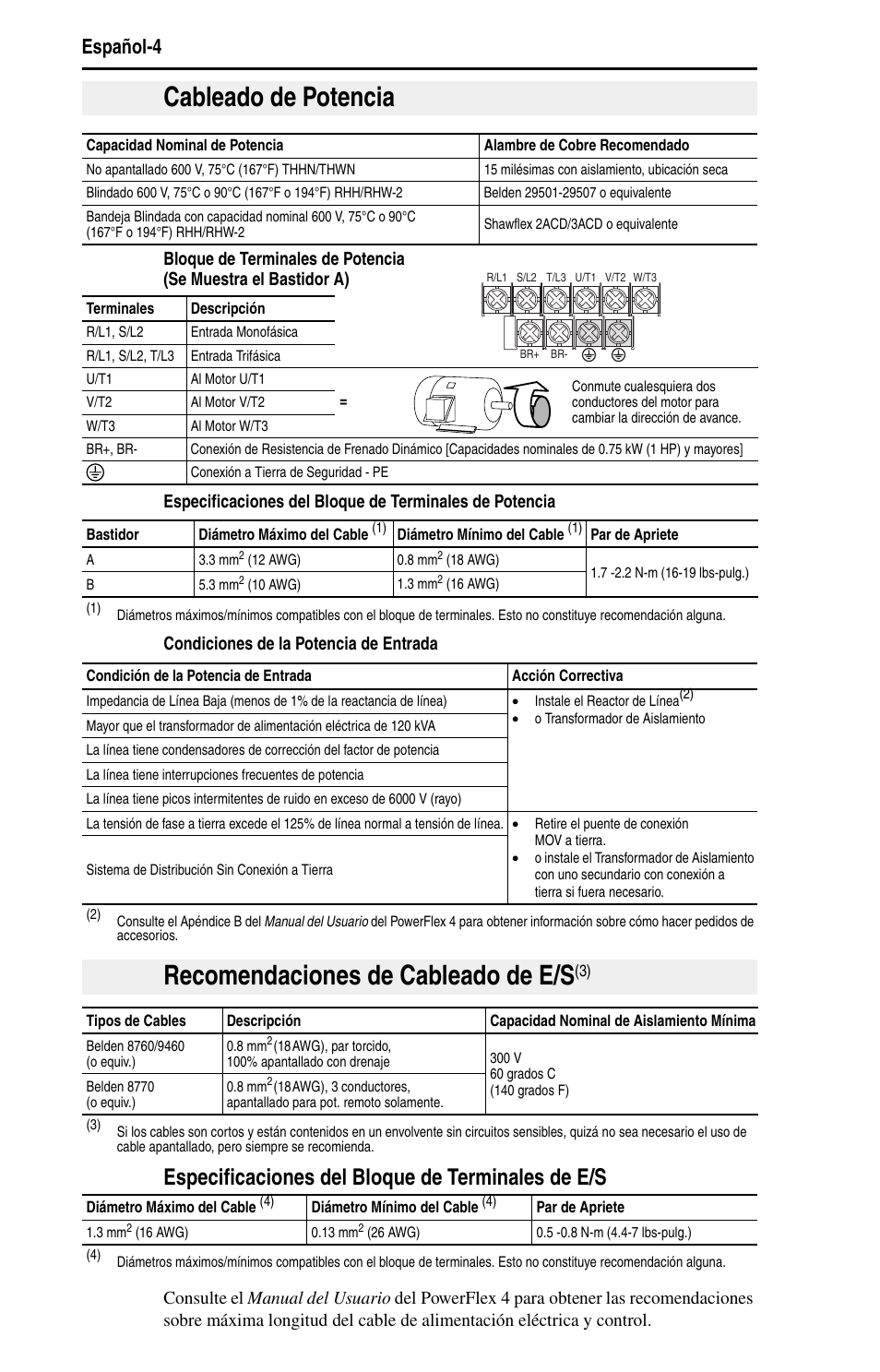 Cableado de potencia, Recomendaciones de cableado de e/s, Especificaciones del bloque de terminales de e/s | Español-4 | Rockwell Automation 22A PowerFlex 4 Quick Start FRN 6.xx User Manual | Page 54 / 88