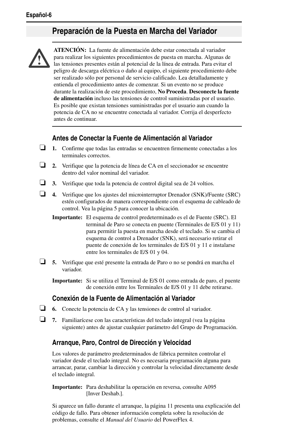 Preparación de la puesta en marcha del variador | Rockwell Automation 22A PowerFlex 4 Quick Start FRN 6.xx User Manual | Page 56 / 88