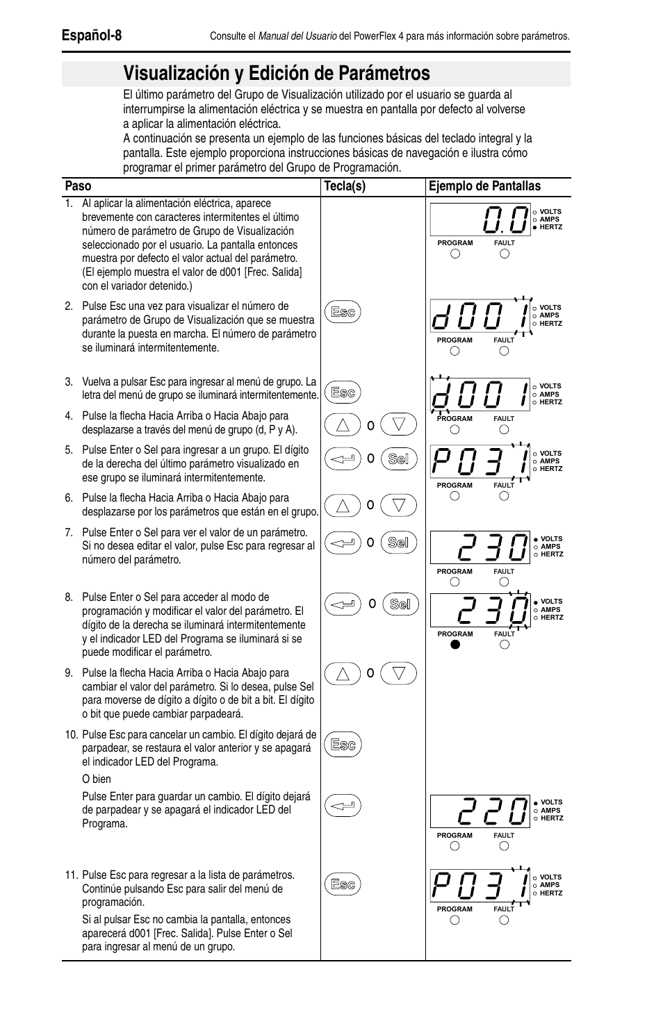 Visualización y edición de parámetros, Español-8, Paso tecla(s) ejemplo de pantallas | Rockwell Automation 22A PowerFlex 4 Quick Start FRN 6.xx User Manual | Page 58 / 88