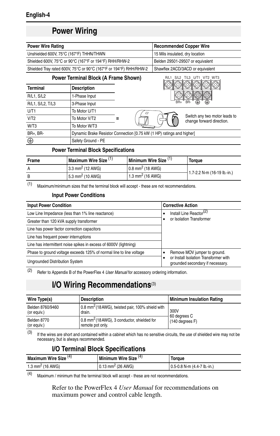 Power wiring, I/o wiring recommendations, I/o terminal block specifications | English-4 | Rockwell Automation 22A PowerFlex 4 Quick Start FRN 6.xx User Manual | Page 6 / 88