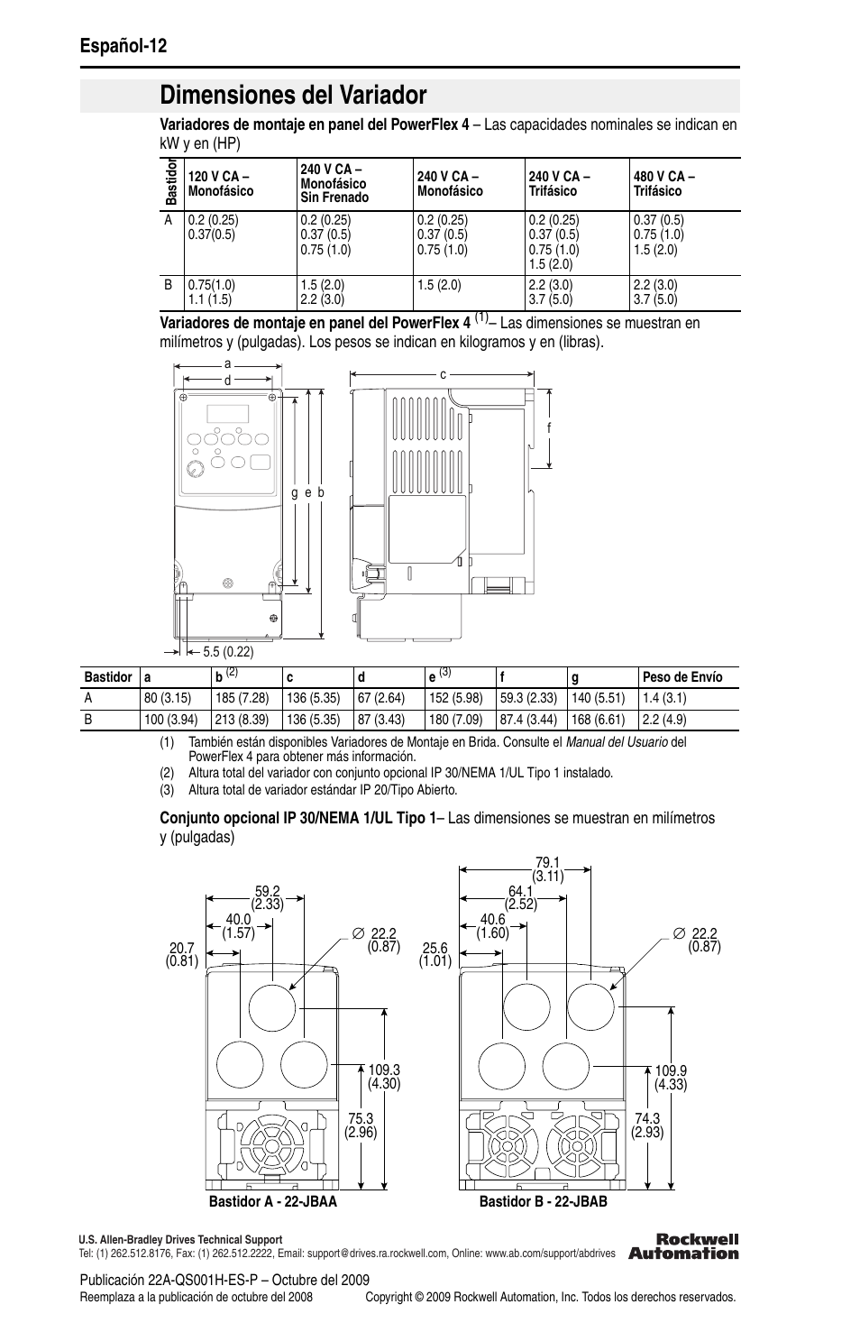 Dimensiones del variador, Español-12 | Rockwell Automation 22A PowerFlex 4 Quick Start FRN 6.xx User Manual | Page 62 / 88