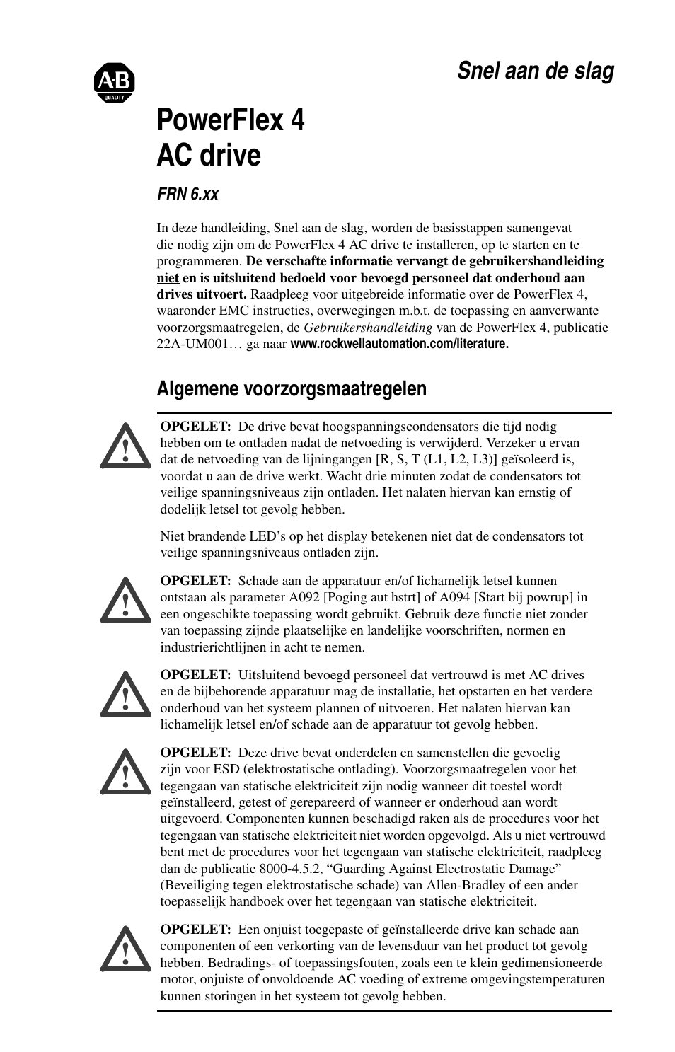 Powerflex 4 ac drive, Snel aan de slag | Rockwell Automation 22A PowerFlex 4 Quick Start FRN 6.xx User Manual | Page 63 / 88