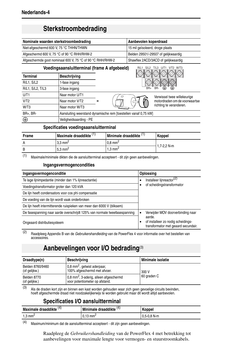 Sterkstroombedrading, Aanbevelingen voor i/o bedrading, Specificaties i/o aansluitterminal | Nederlands-4 | Rockwell Automation 22A PowerFlex 4 Quick Start FRN 6.xx User Manual | Page 66 / 88