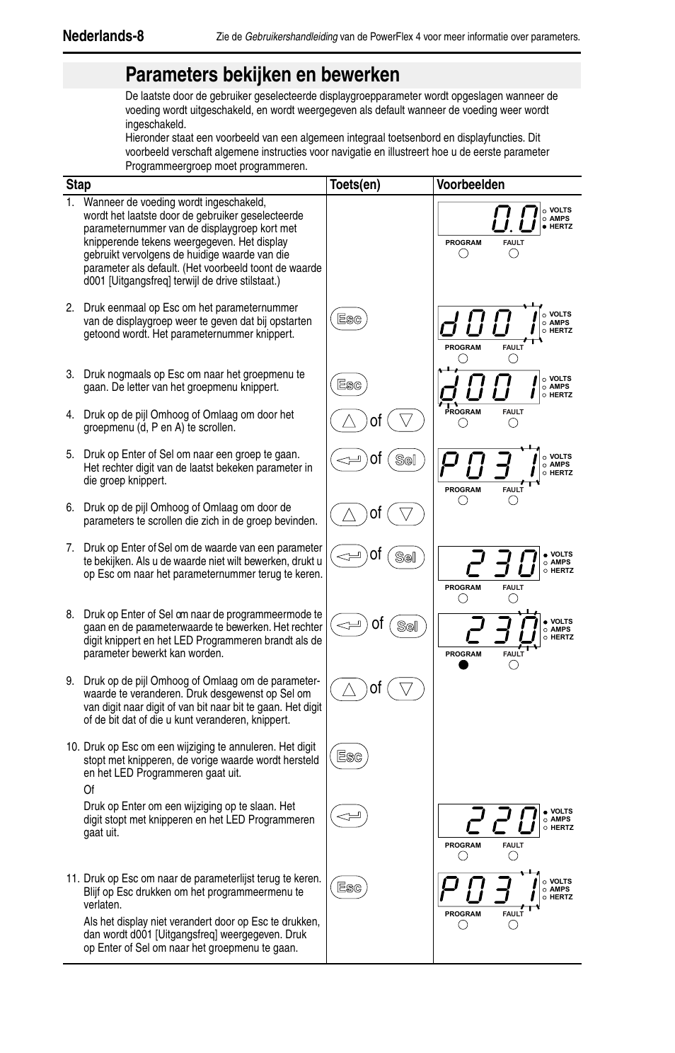 Parameters bekijken en bewerken, Nederlands-8, Stap toets(en) voorbeelden | Rockwell Automation 22A PowerFlex 4 Quick Start FRN 6.xx User Manual | Page 70 / 88