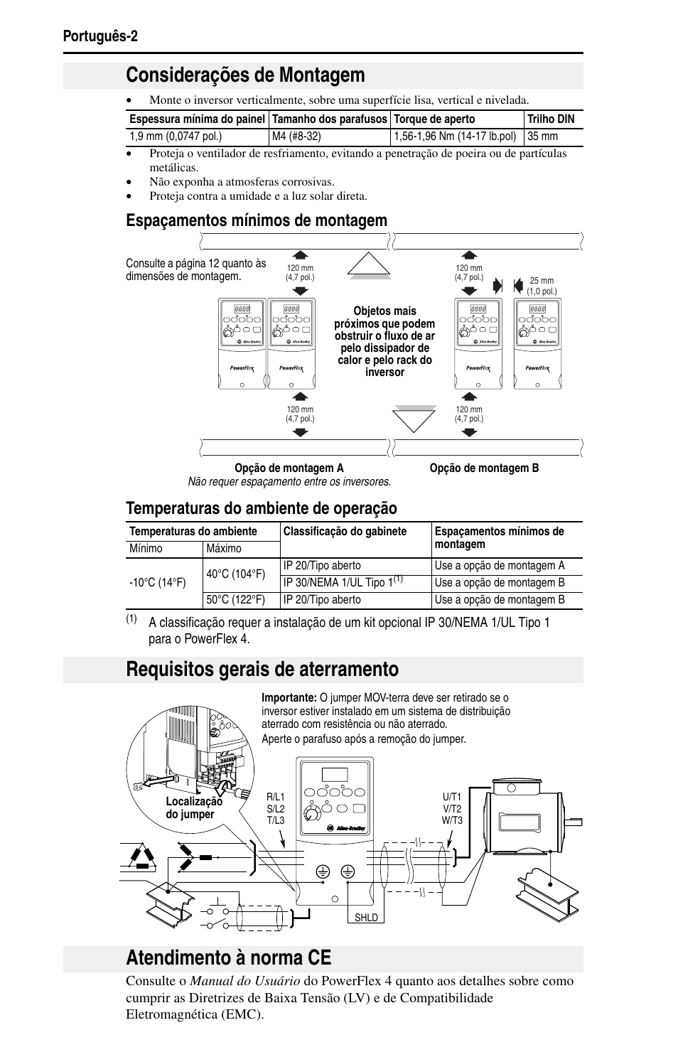 Considerações de montagem, Requisitos gerais de aterramento, Atendimento à norma ce | Português-2 | Rockwell Automation 22A PowerFlex 4 Quick Start FRN 6.xx User Manual | Page 76 / 88