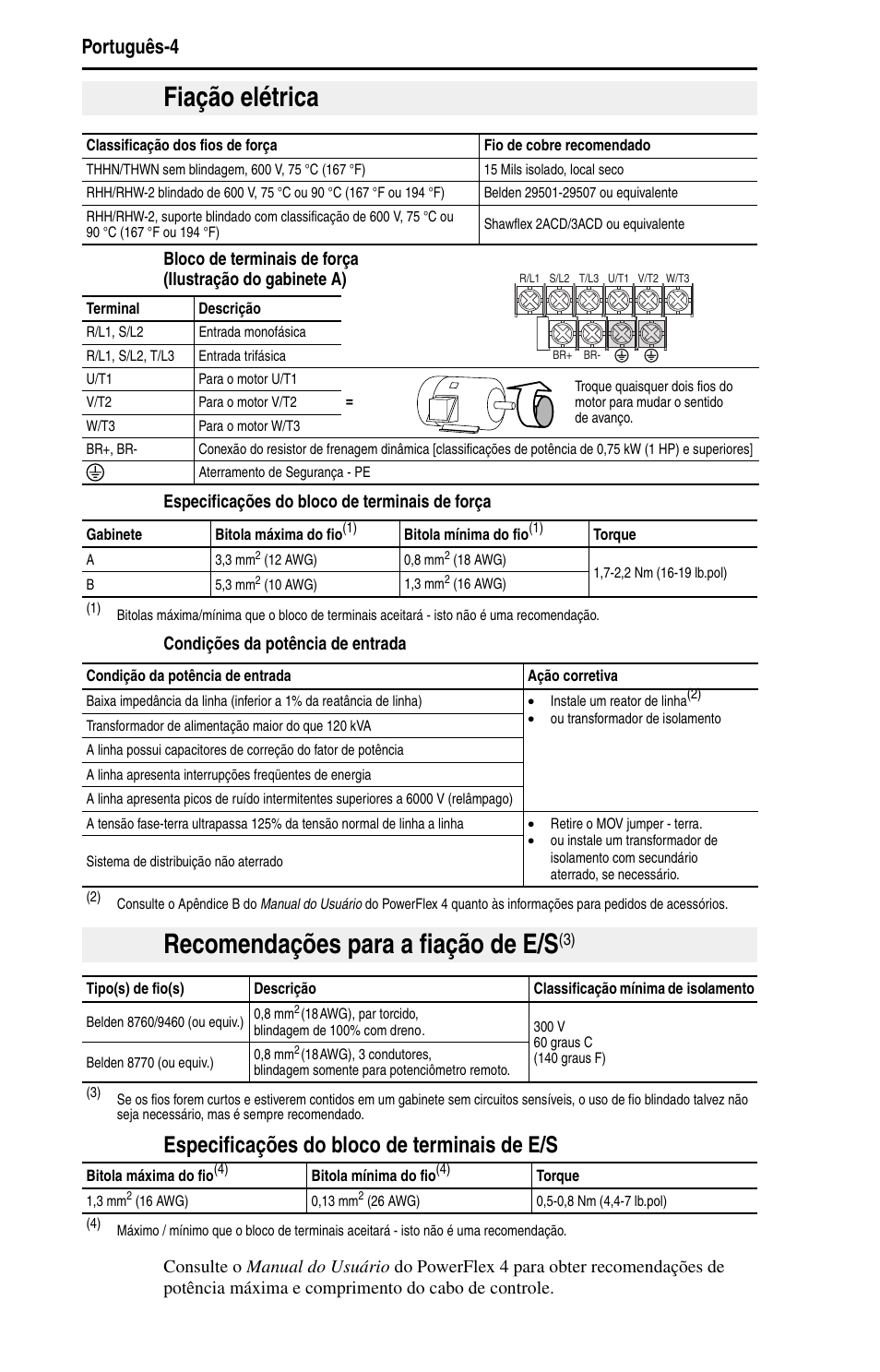 Fiação elétrica, Recomendações para a fiação de e/s, Especificações do bloco de terminais de e/s | Português-4 | Rockwell Automation 22A PowerFlex 4 Quick Start FRN 6.xx User Manual | Page 78 / 88