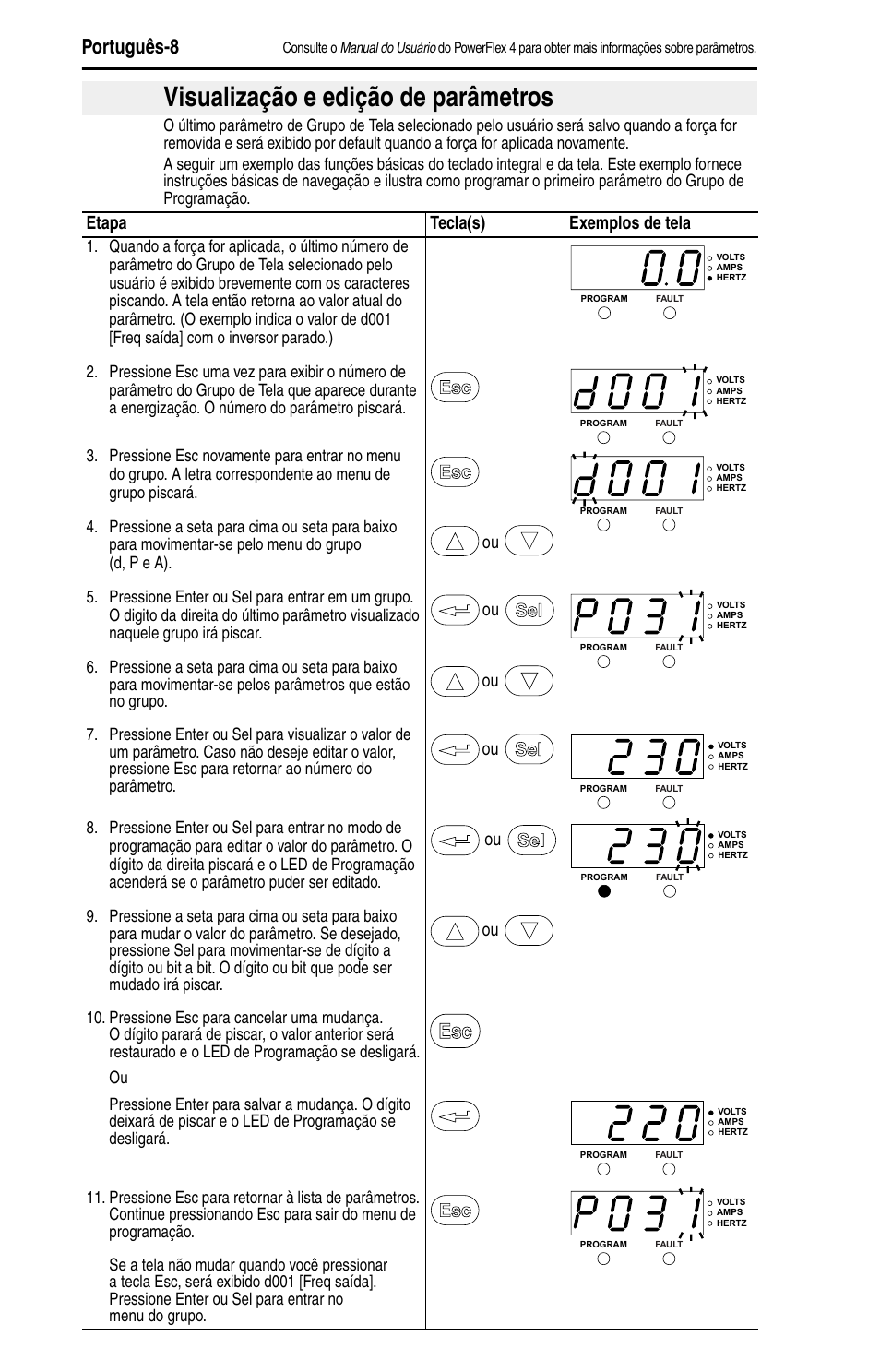 Visualização e edição de parâmetros, Português-8, Etapa tecla(s) exemplos de tela | Rockwell Automation 22A PowerFlex 4 Quick Start FRN 6.xx User Manual | Page 82 / 88