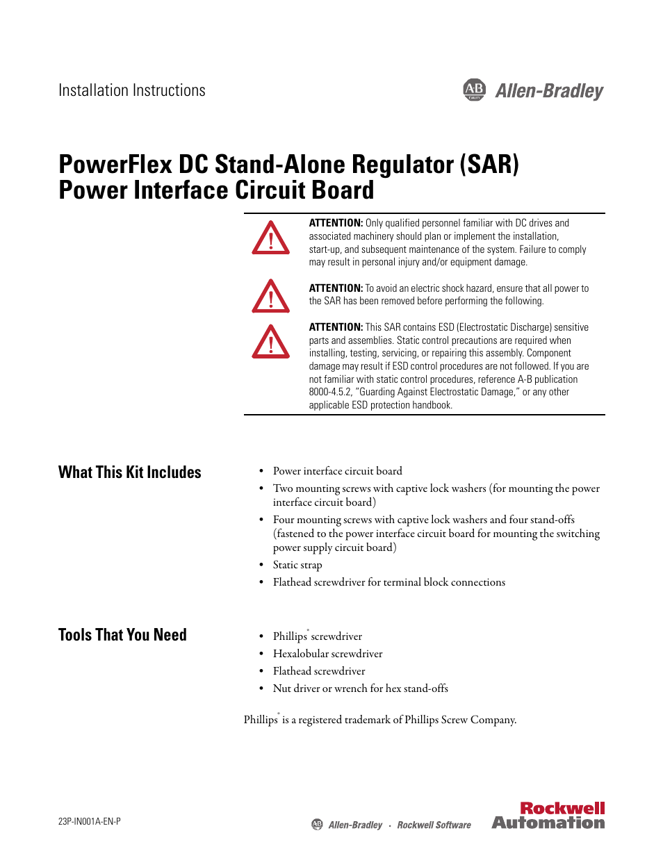 Rockwell Automation 23P PowerFlex DC Stand-Alone Regulator (SAR) Power Interface Circuit Board User Manual | 10 pages