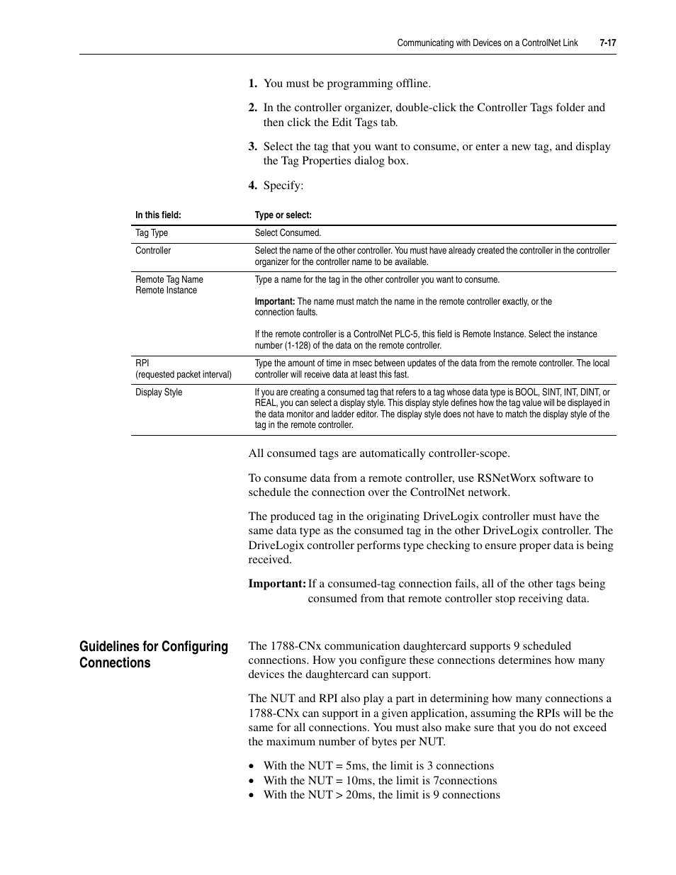 Guidelines for configuring connections, Guidelines for configuring connections -17 | Rockwell Automation 5730 DriveLogix5730 Controller for PowerFlex 700S Drives with Phase II Control User Manual | Page 157 / 217