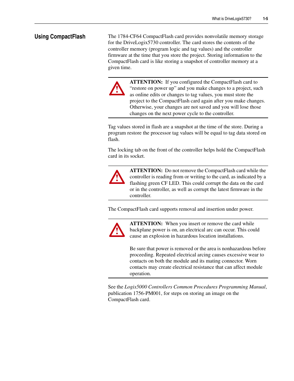 Using compactflash, Using compactflash -5 | Rockwell Automation 5730 DriveLogix5730 Controller for PowerFlex 700S Drives with Phase II Control User Manual | Page 17 / 217