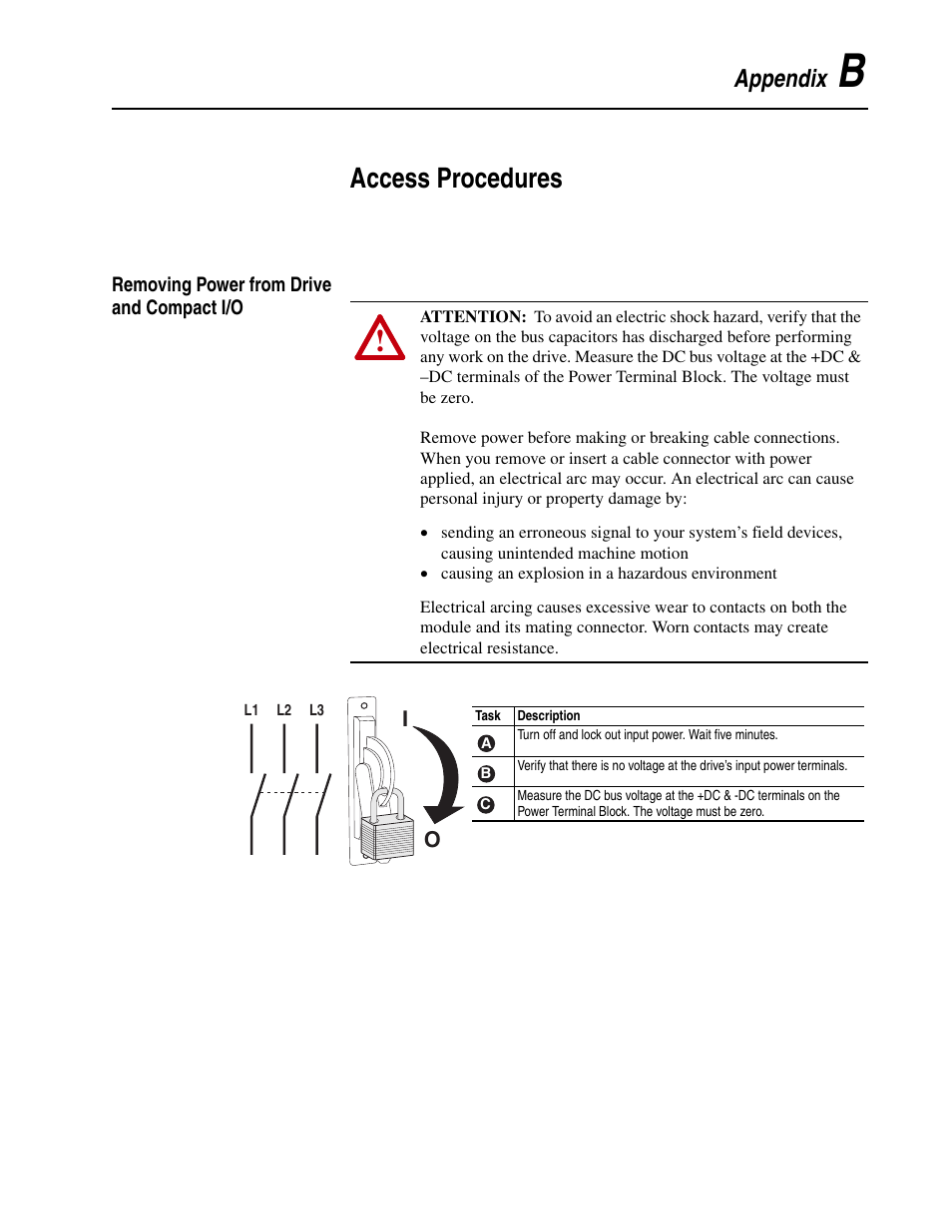 Appendix b, Access procedures, Removing power from drive and compact i/o | Rockwell Automation 5730 DriveLogix5730 Controller for PowerFlex 700S Drives with Phase II Control User Manual | Page 197 / 217